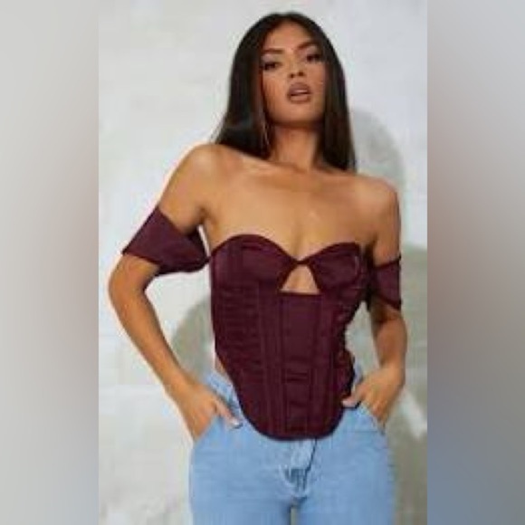 PrettyLittleThing Tops - PrettyLittleThing Plum Premium Constructed Satin Bardot Corset Top NWT size 4
